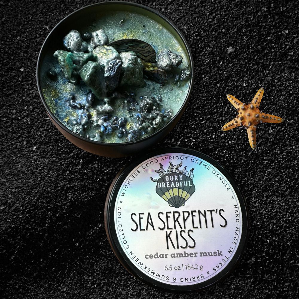 Sea Serpent's Kiss Luxury Wickless Candle: Cedar Amber Musk Scent